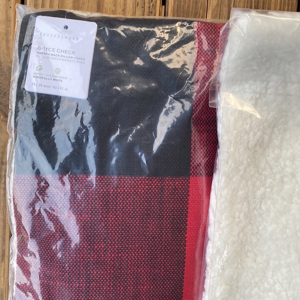 Pottery Barn Red and Black Bryce Sherpa Back Check Pillow Cover